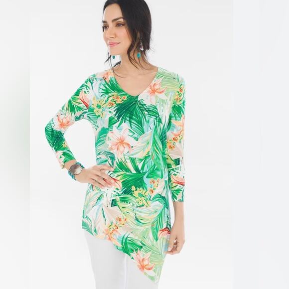 Chicos Hawaiian floral asymmetrical hem blouse size 3 large - Picture 1 of 8